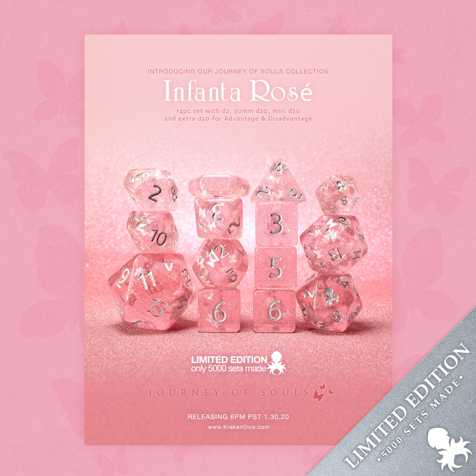 Infanta Rosa 14pc Limited Edition Butterfly Inclusion Dice Set by Kraken Dice