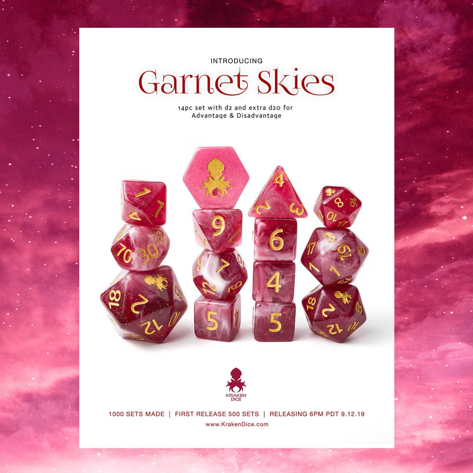 Garnet Skies 14pc Dice Set by Kraken Dice