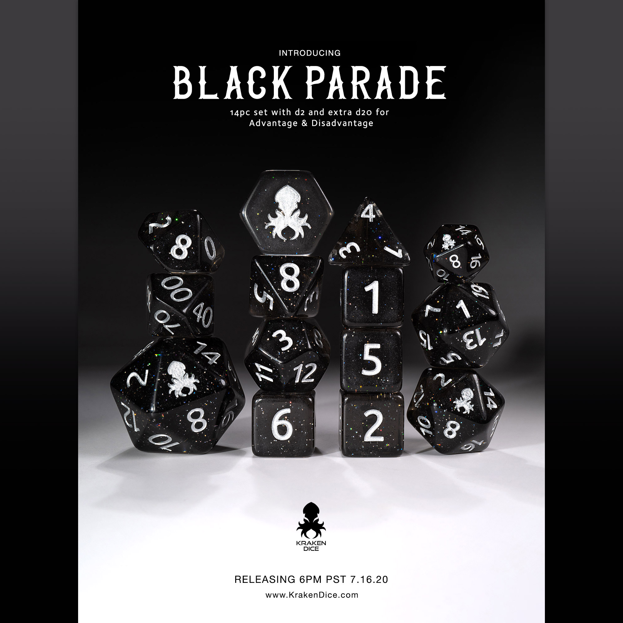 Black Parade Resurrection 14pc Rainbow Glitter Dice Set with Silver Ink