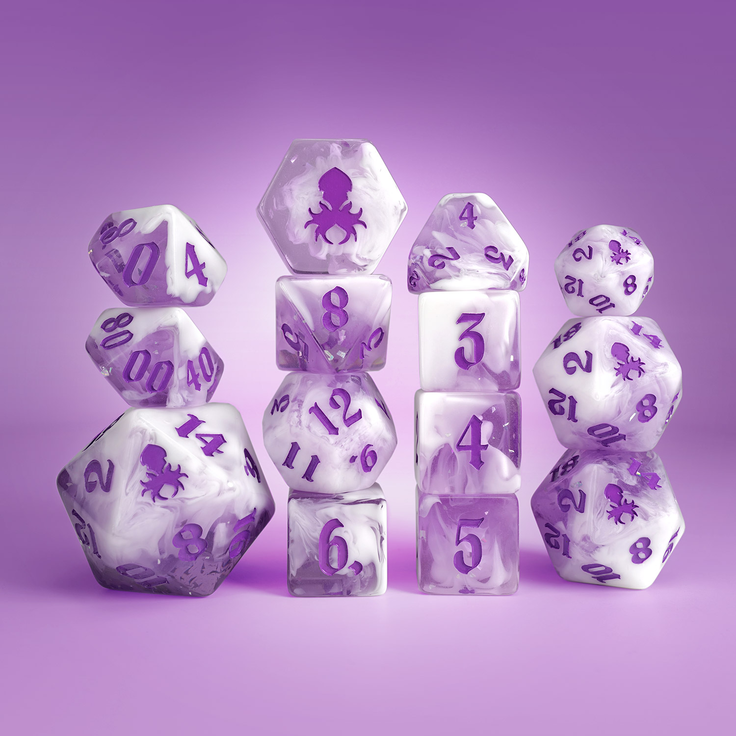 Grape Cream Soda 14pc TTRPG Dice Set With Purple Ink by Kraken Dice