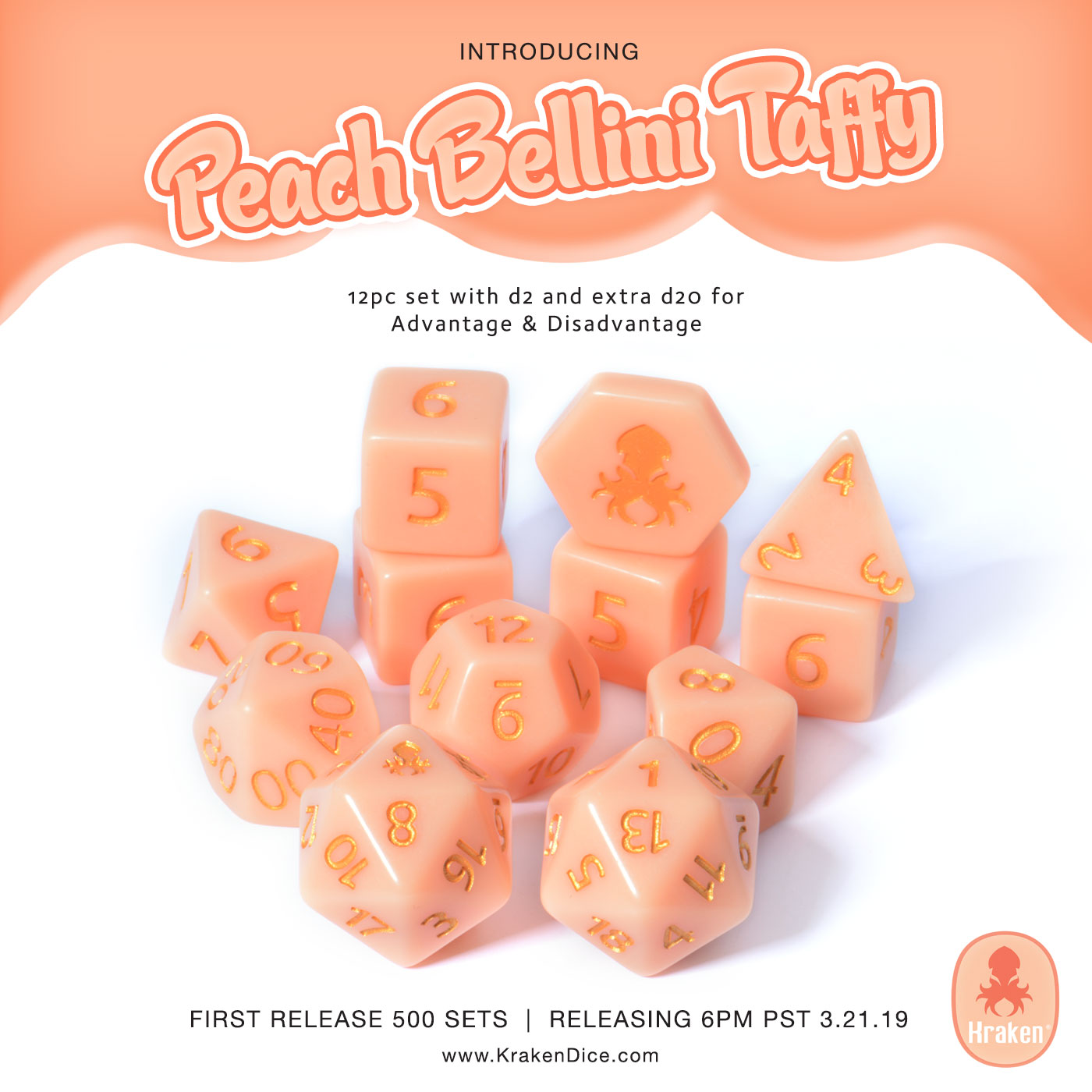 Peach Bellini Taffy 12pc Matte Dice Set