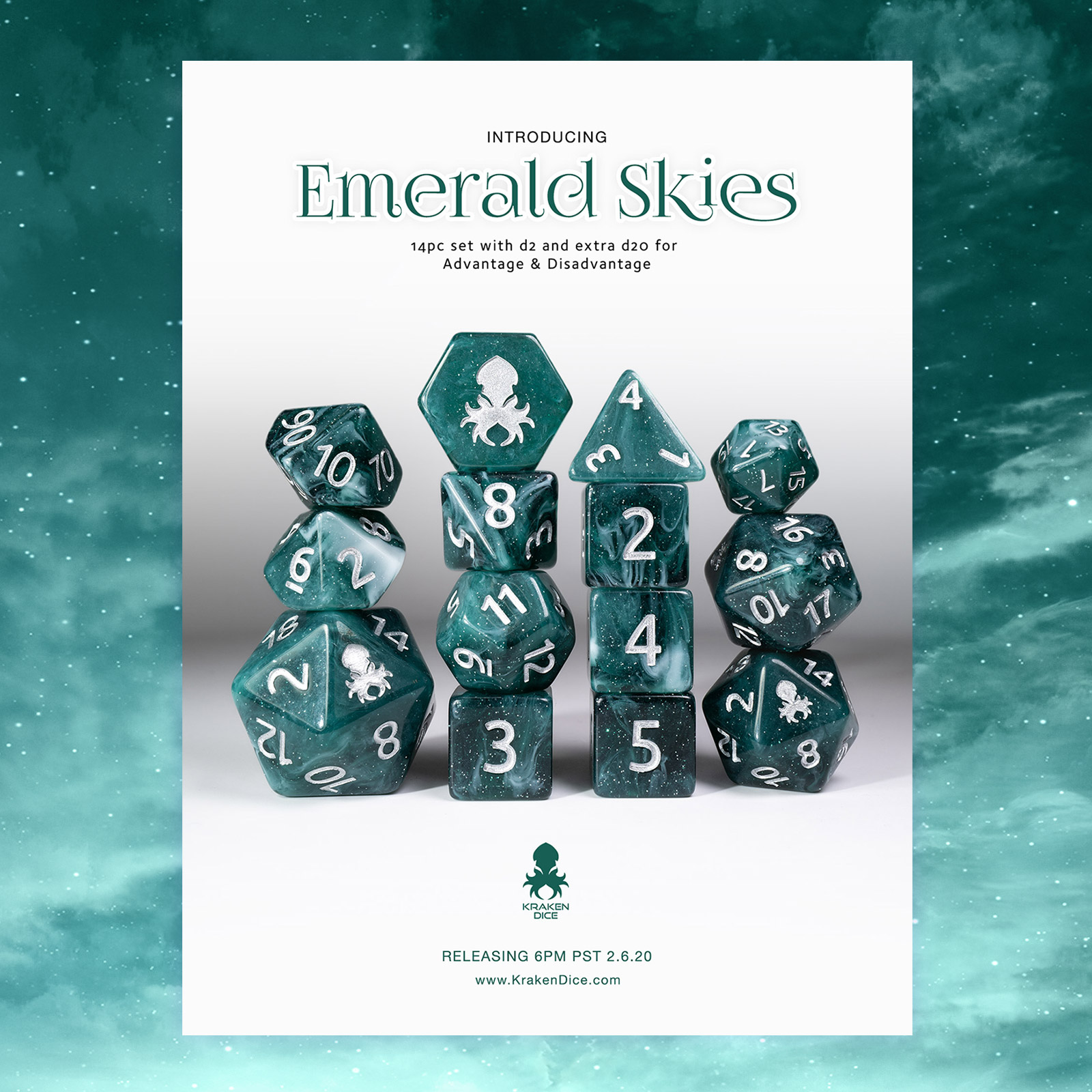 Emerald Skies 14pc Polyhedral Dice Set with Silver Ink by Kraken Dice