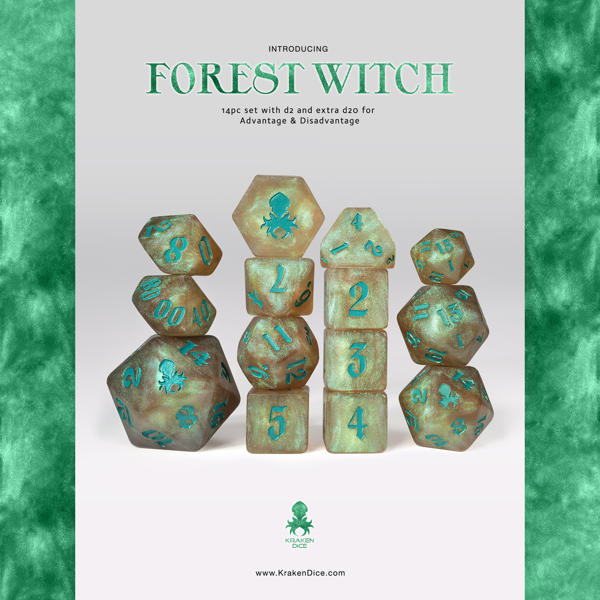Forest Witch: Green Shimmer 14pc Green Ink Dice Set
