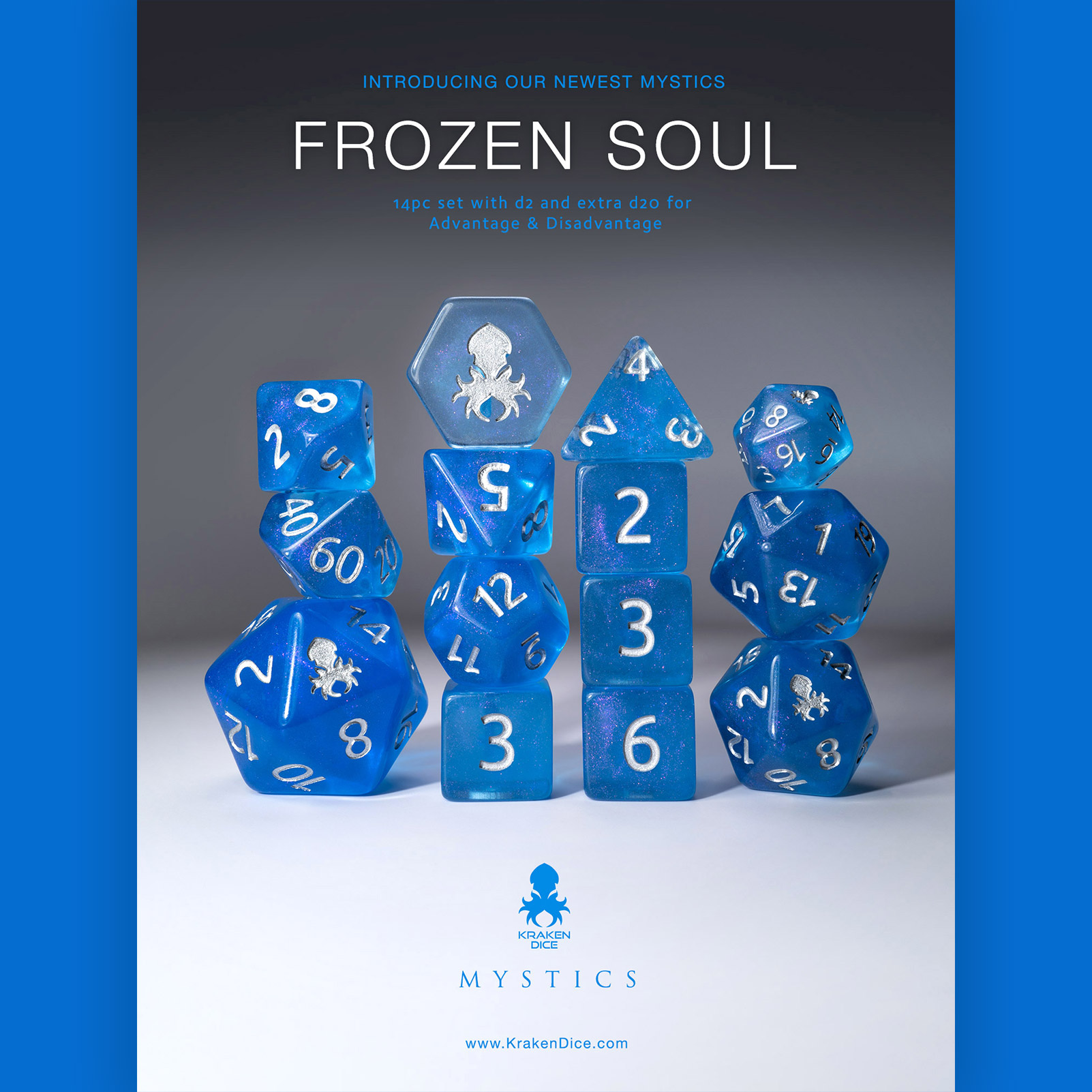 Frozen Soul 14pc Gold Ink Dice Set With Kraken Logo