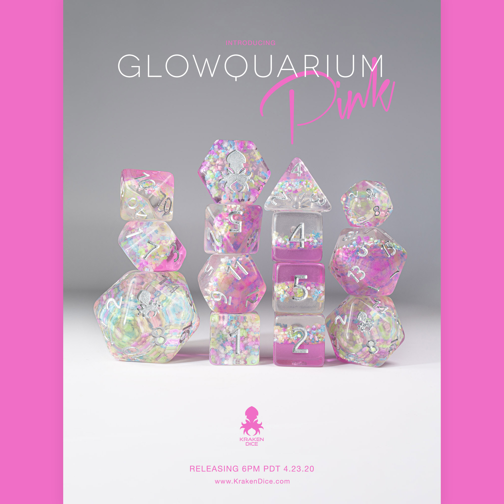 Glowquarium Pink 14pc Polyhedral Dice set with Glow in the Dark Particles