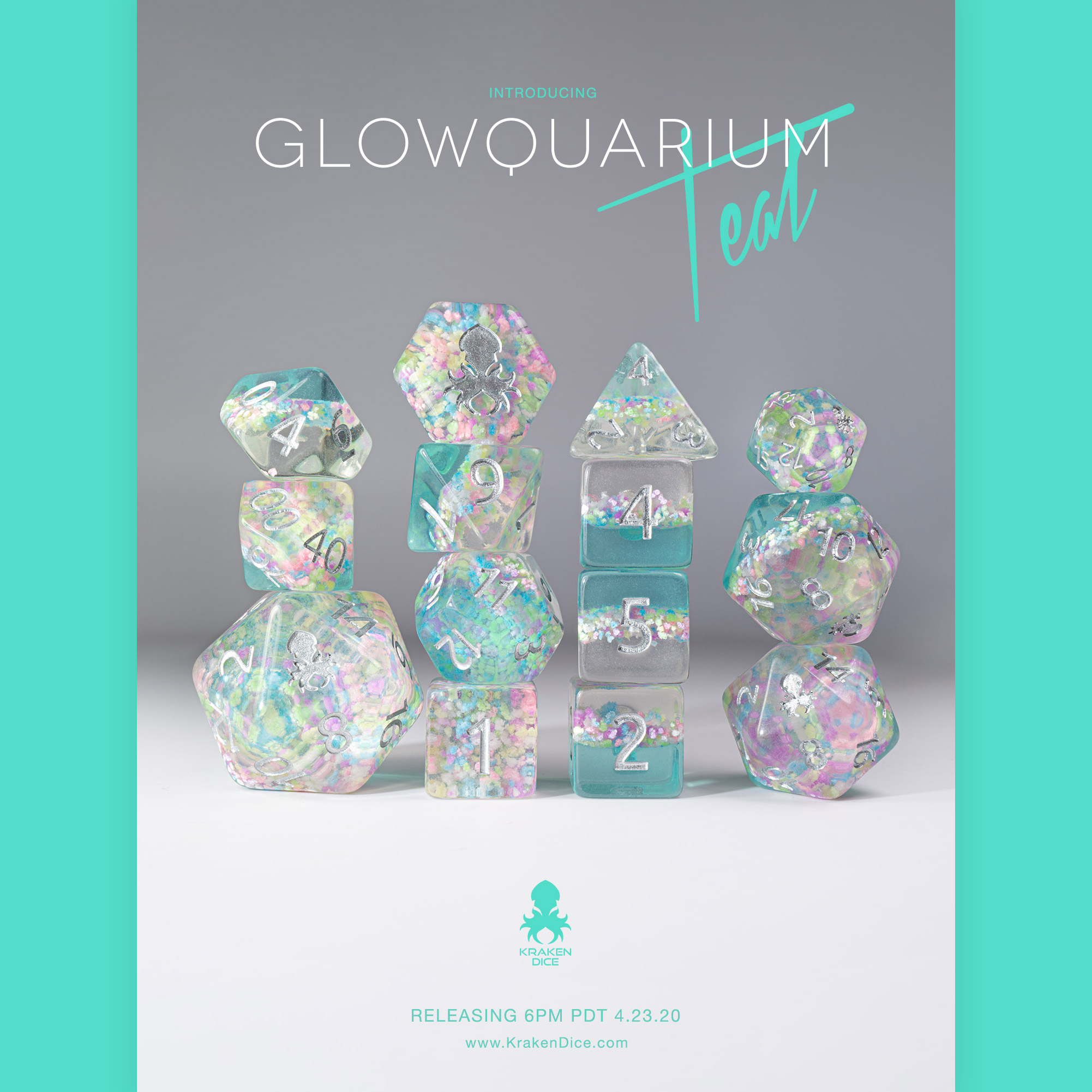 Glowquarium Teal 14pc Polyhedral Dice set by Kraken Dice