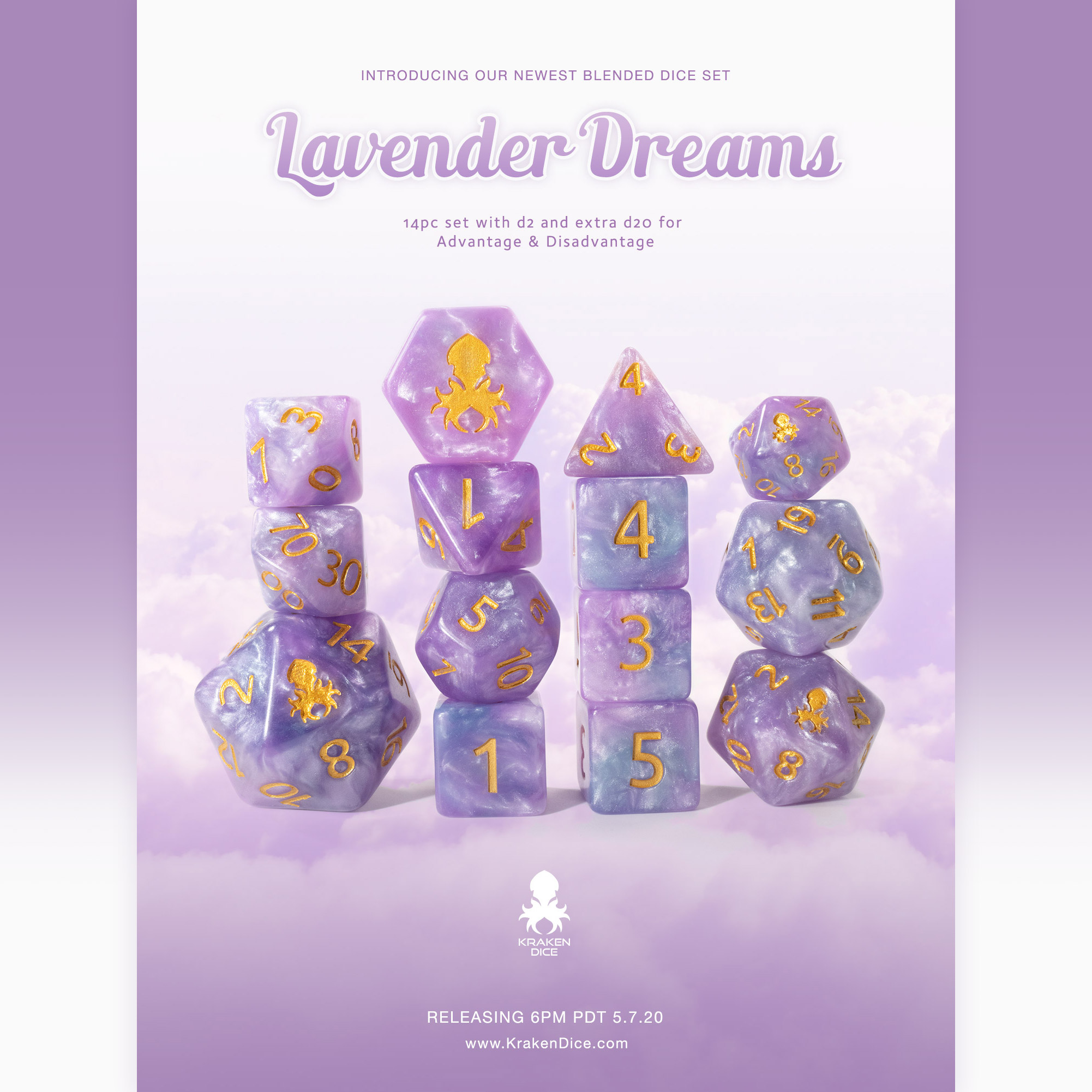 Lavender Dreams 14pc Dice Set Inked in Gold