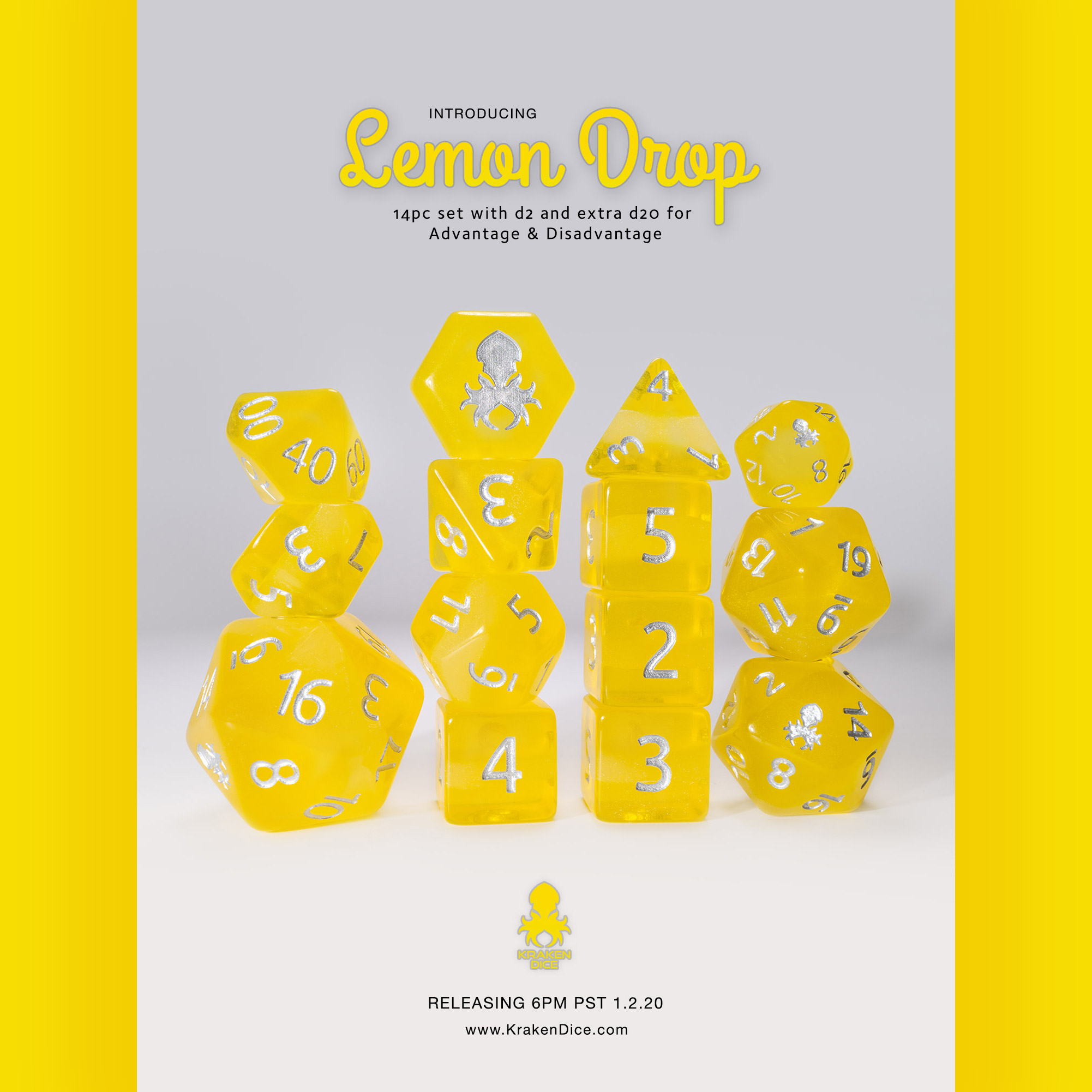 Lemon Drop 14pc Silver Ink Dice Set With Kraken Logo by Kraken Dice