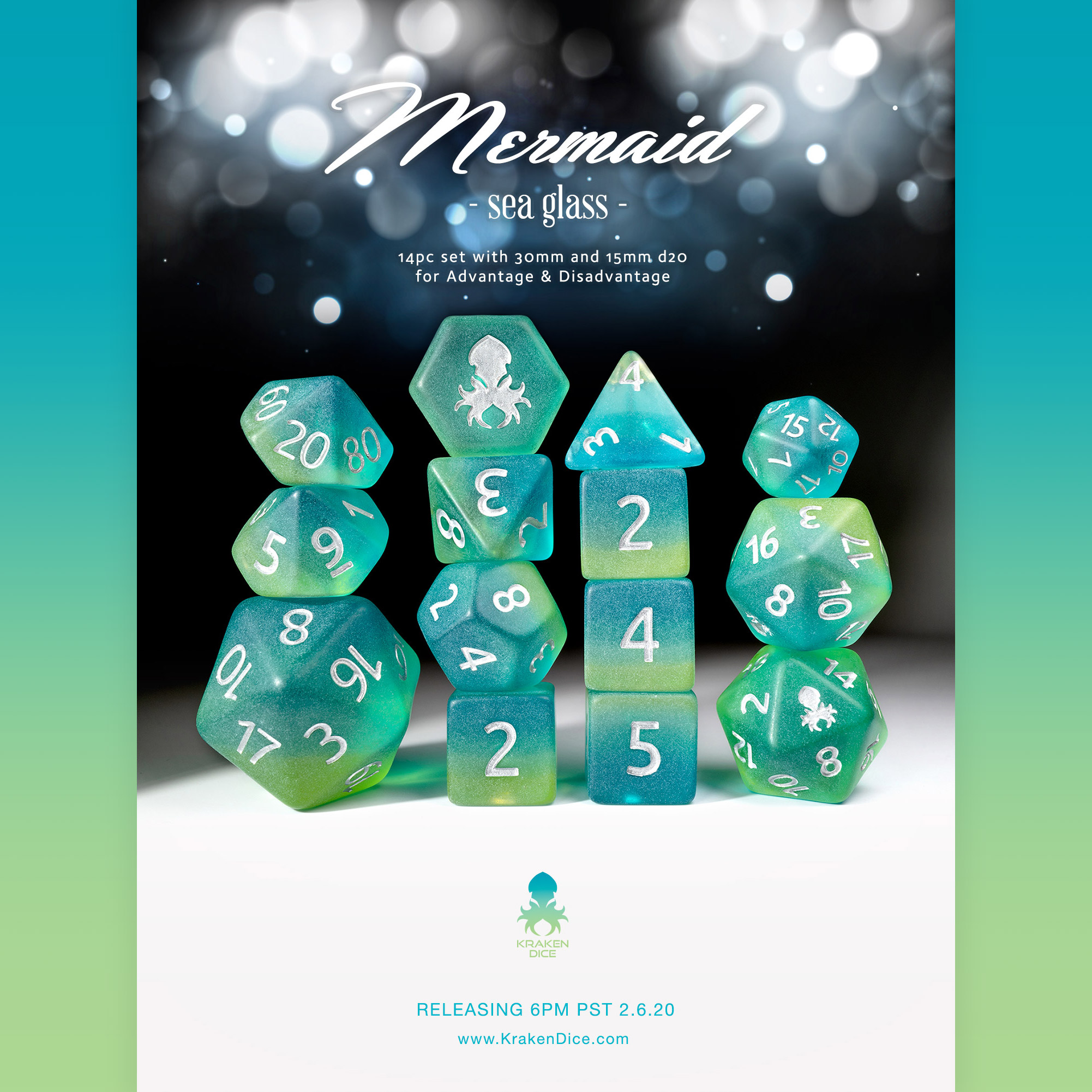 Mermaid Sea Glass 14pc Dice Set