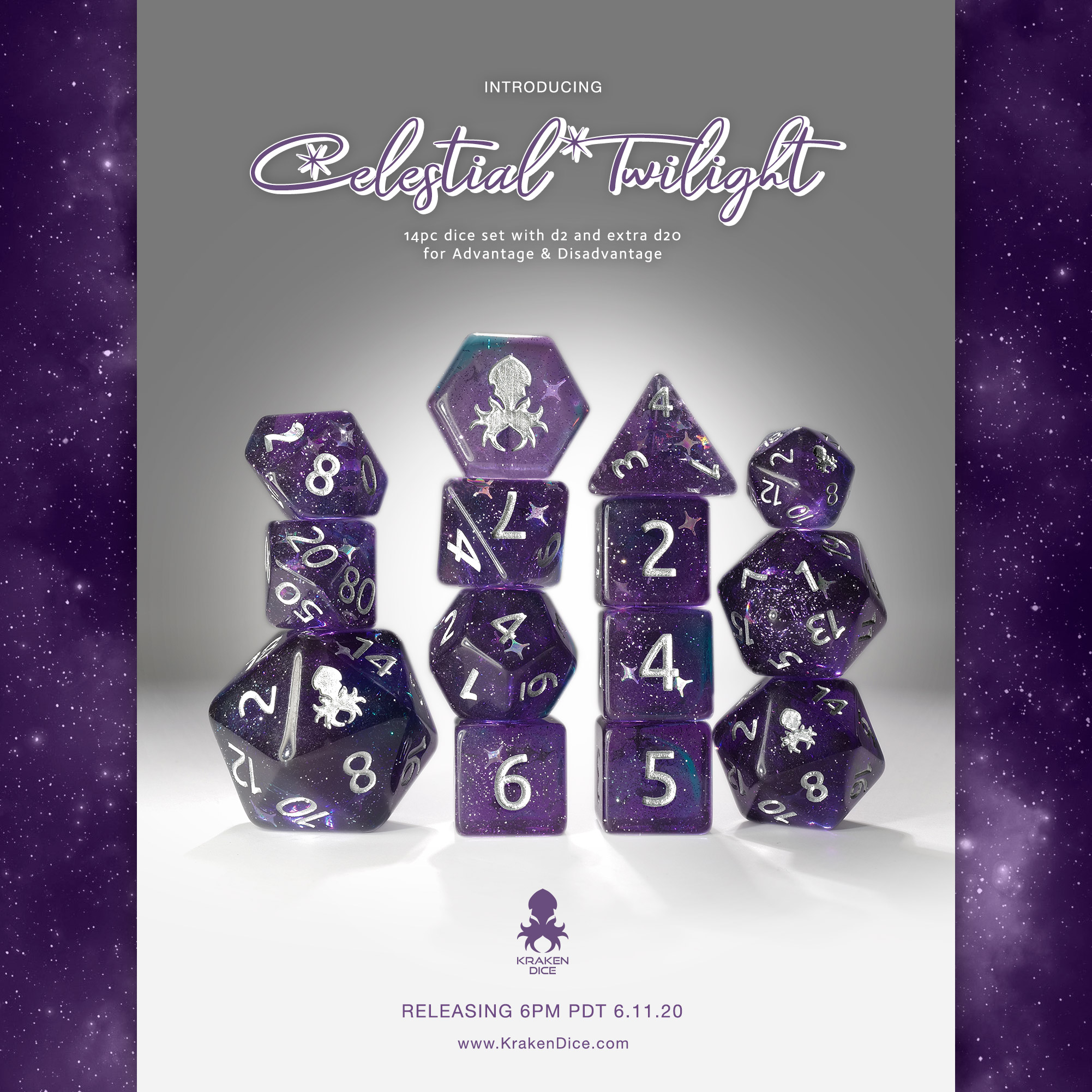 Celestial Twilight 14pc Silver Ink Dice Set With Kraken Logo
