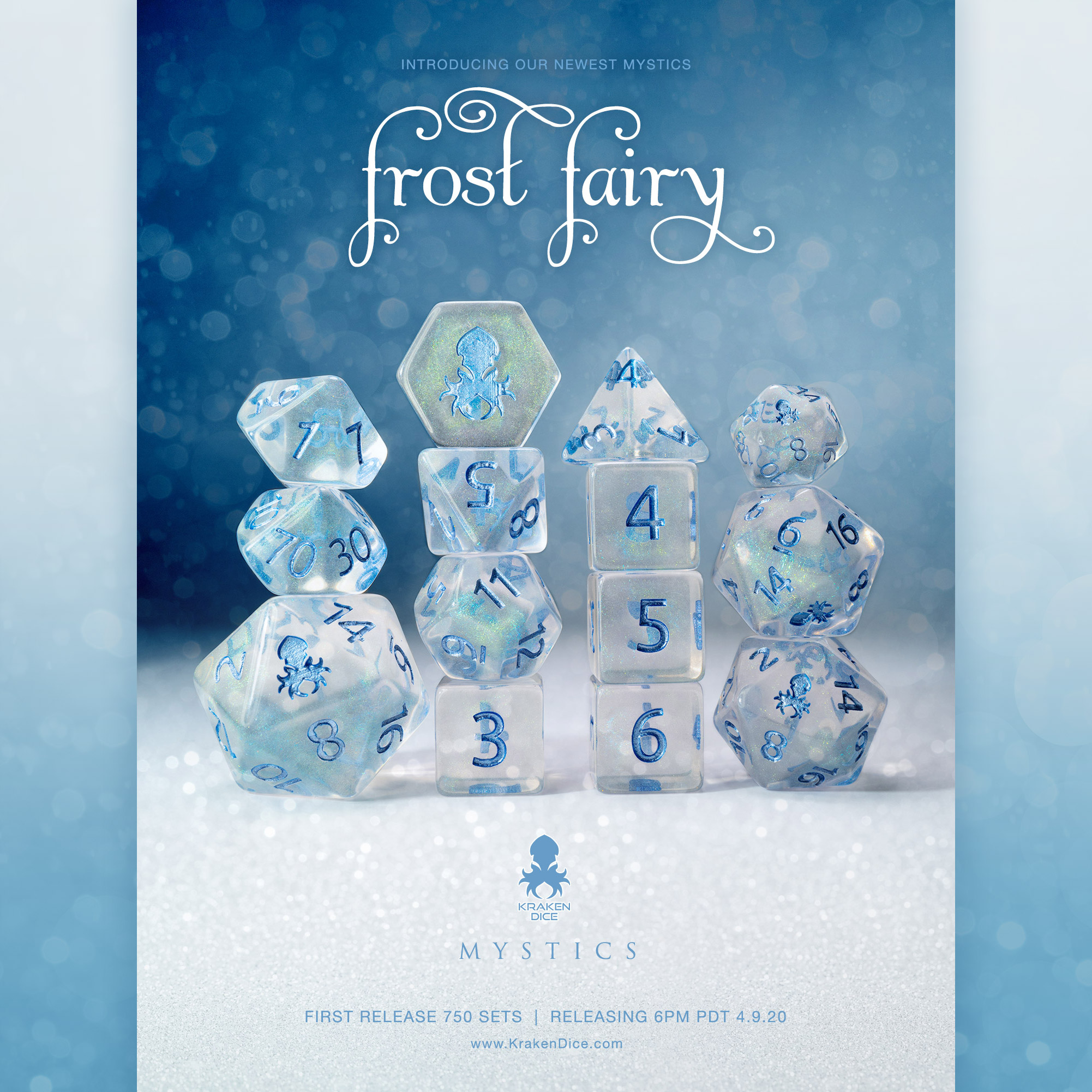 Frost Fairy Blue Shimmer 14pc Metallic Blue Ink Dice Set by Kraken Dice