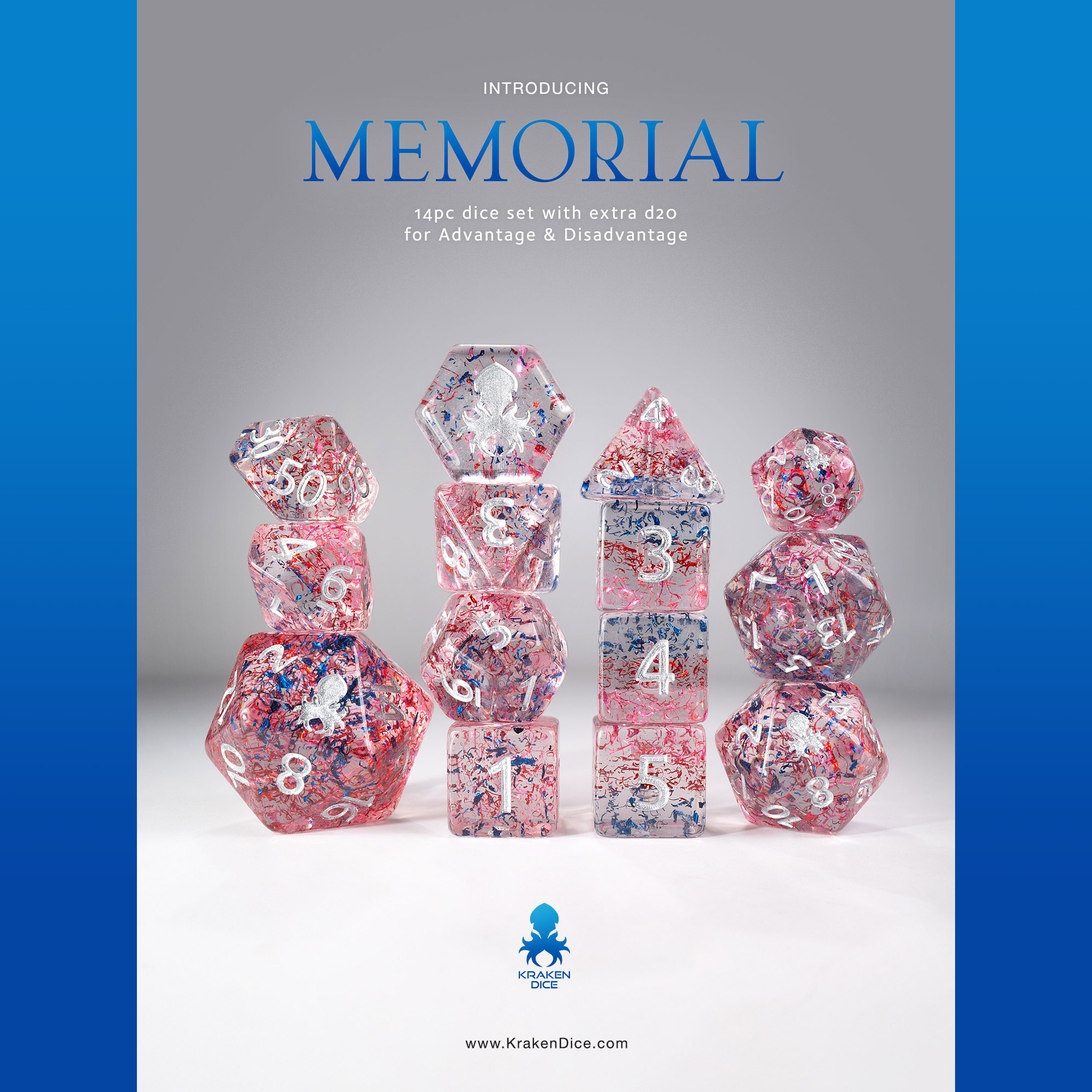 Memorial 14pc Silver Ink Limited Edition Dice Set for TTRPGs