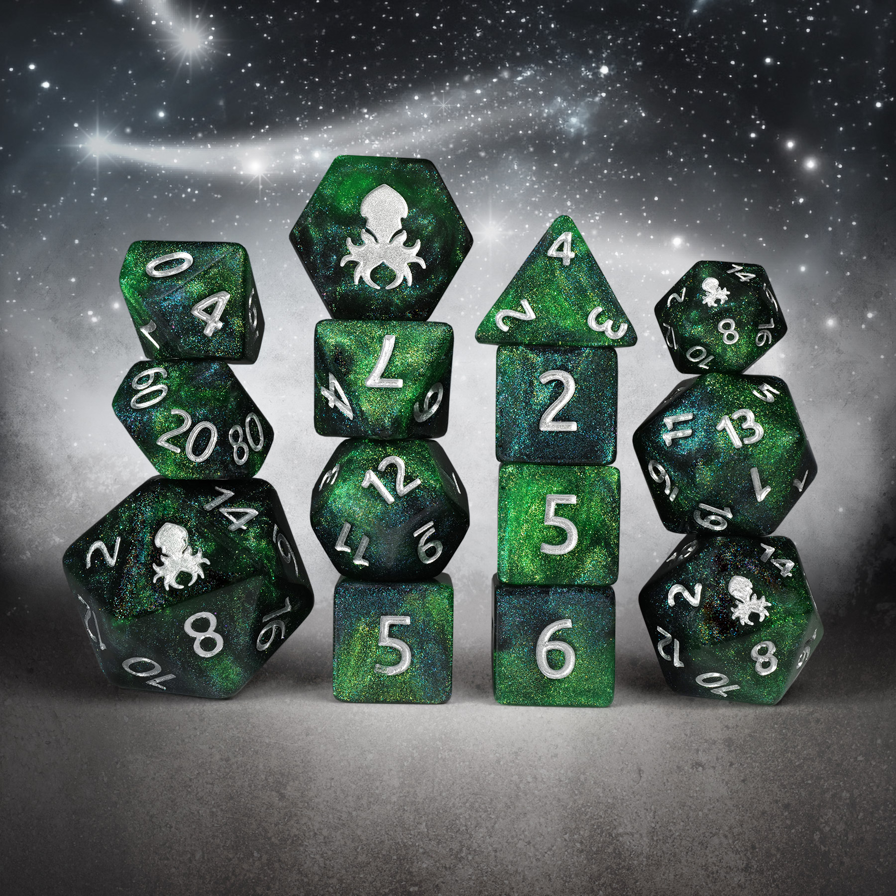 Emerald White Magick 14pc Dice Set