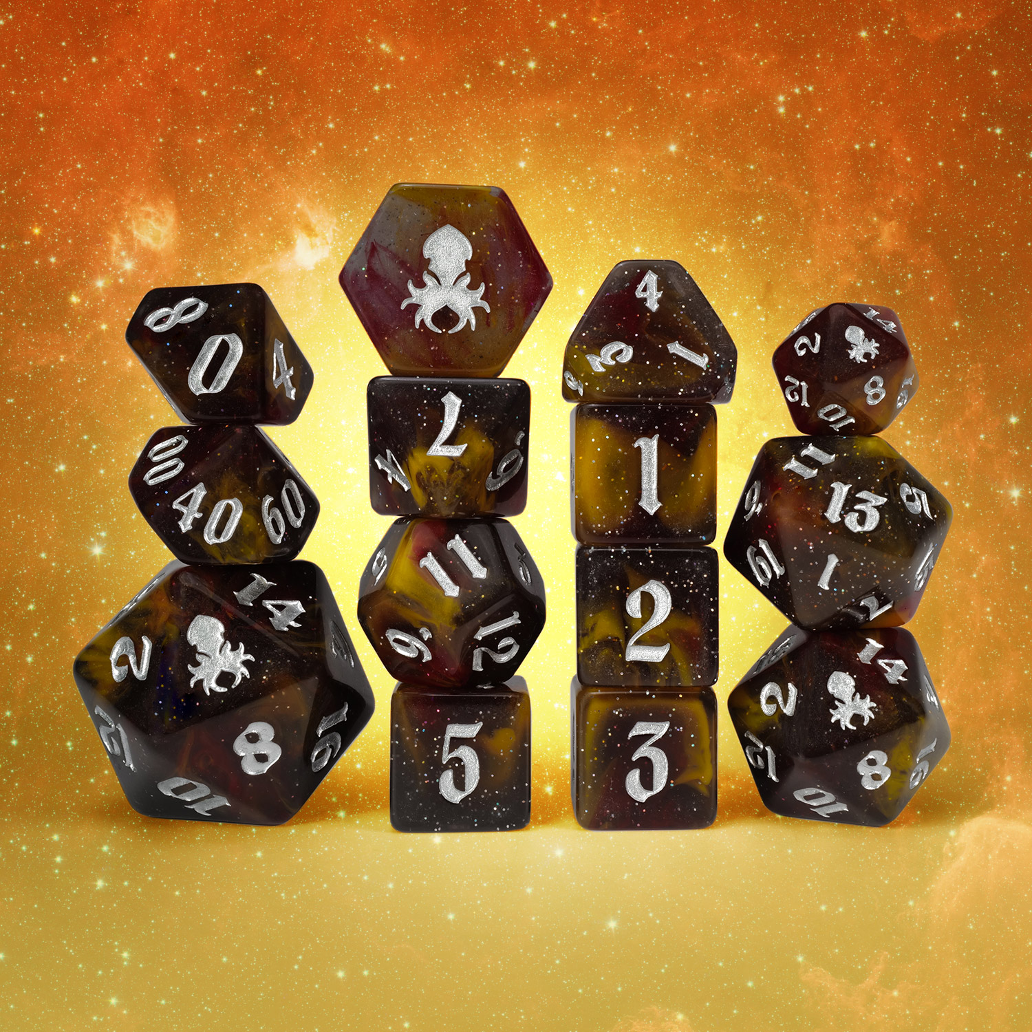 Firefly Heat Reactive 14pc Dice Set For TTRPGs Inked In Silver
