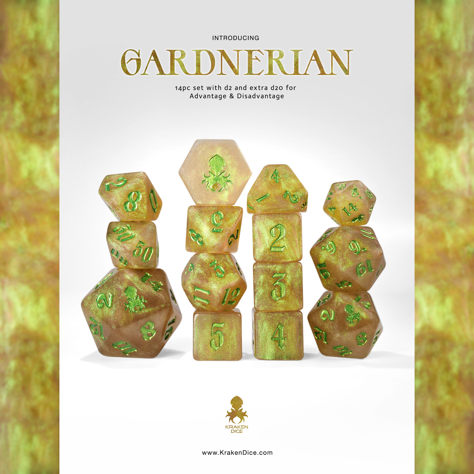 Gardnerian : Green Gold Shimmer 14pc Dice Set