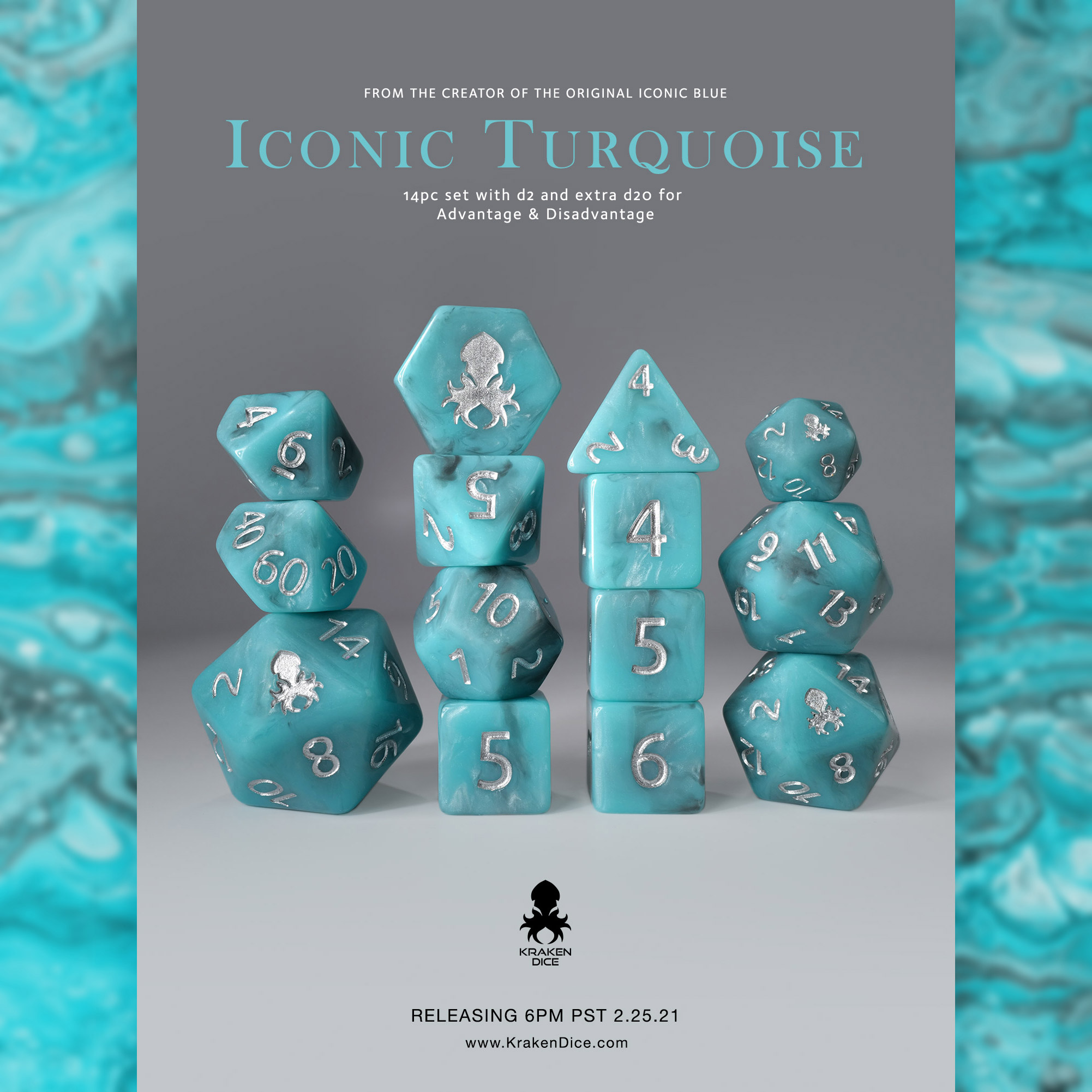 14pc Iconic Turquoise Polyhedral Dice Set with Silver Ink