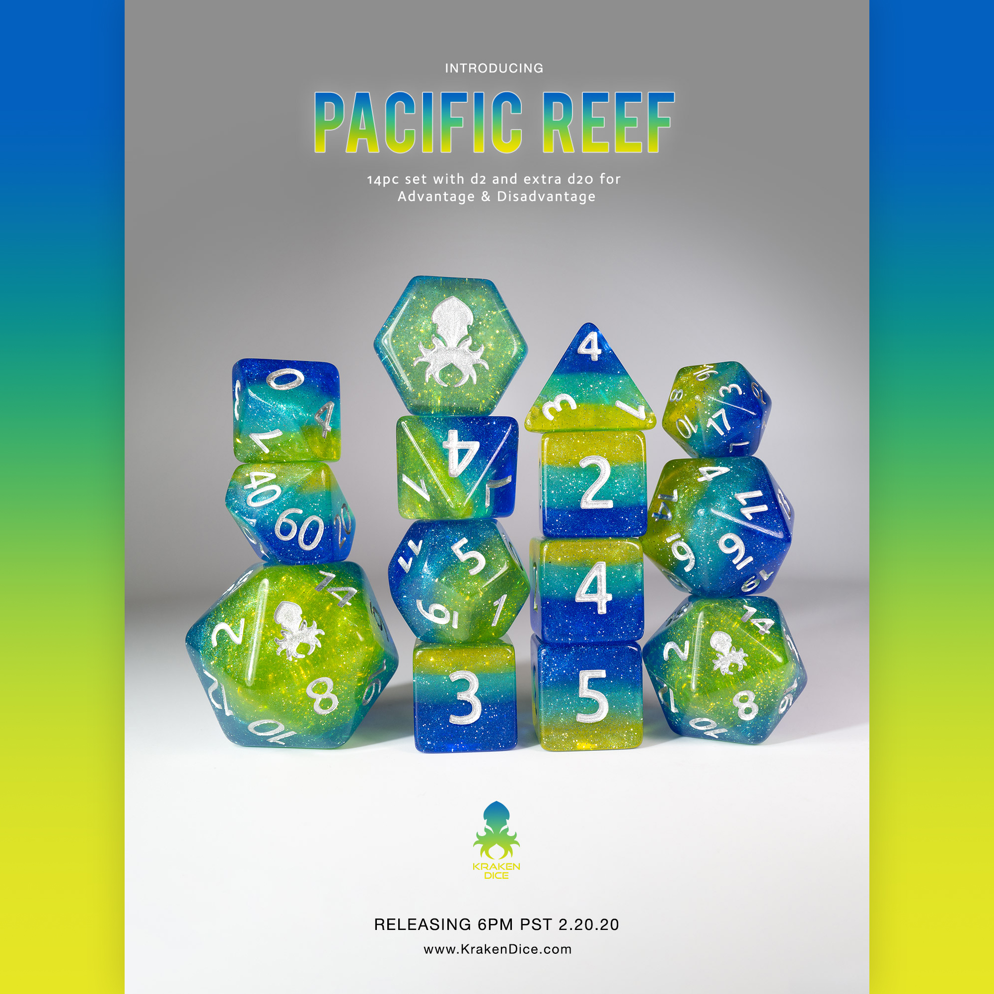 Pacific Reef 14pc Silver Ink Dice Set