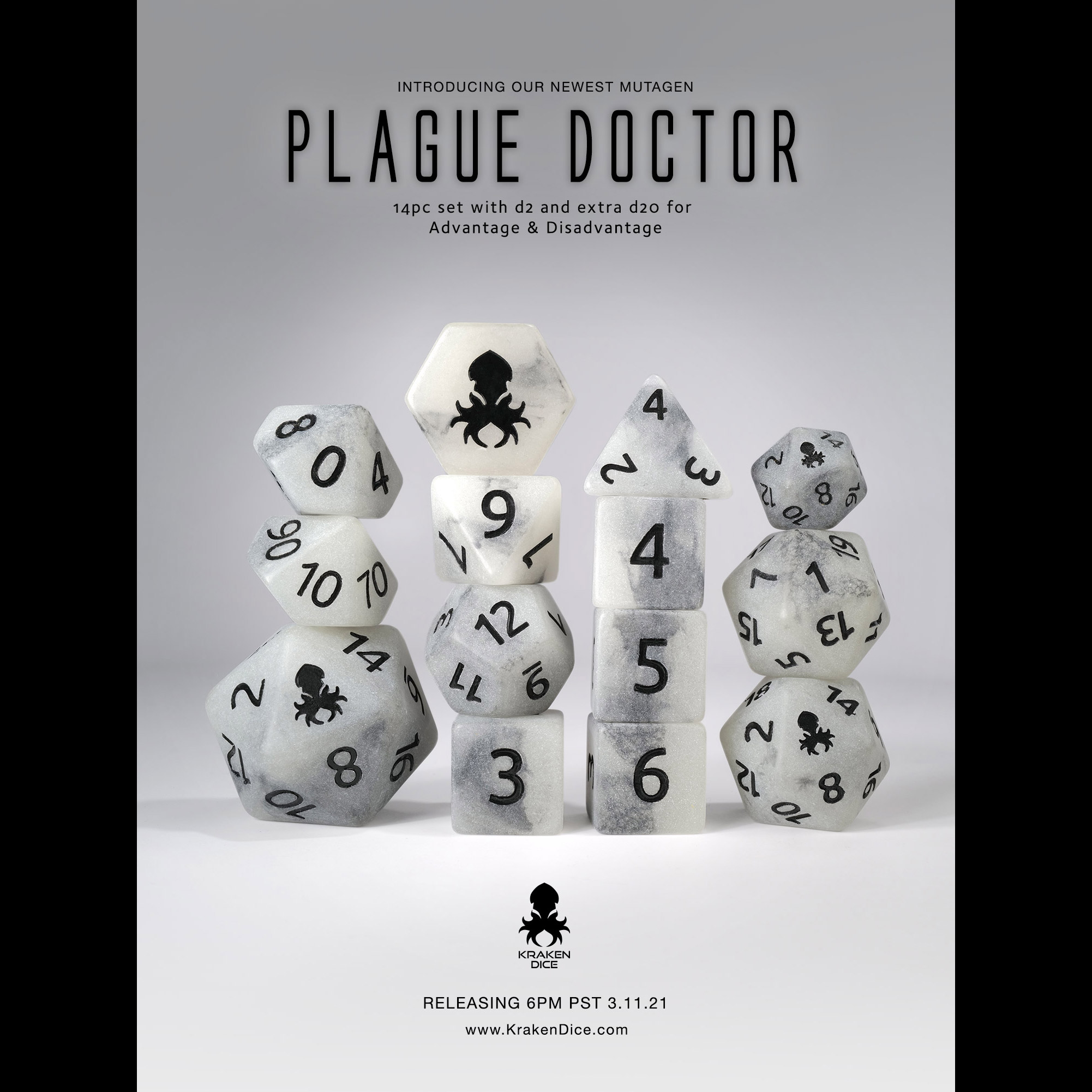 Plague Doctor 14pc Glow In The Dark Dice Set Inked In Black