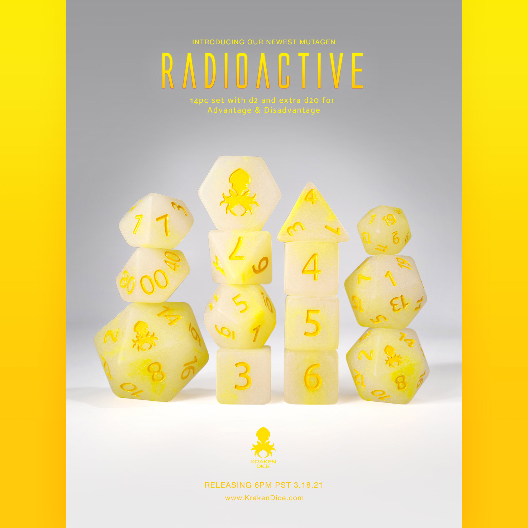 Mutagen: Radioactive 14pc Glow In The Dark Yellow Ink Dice Set