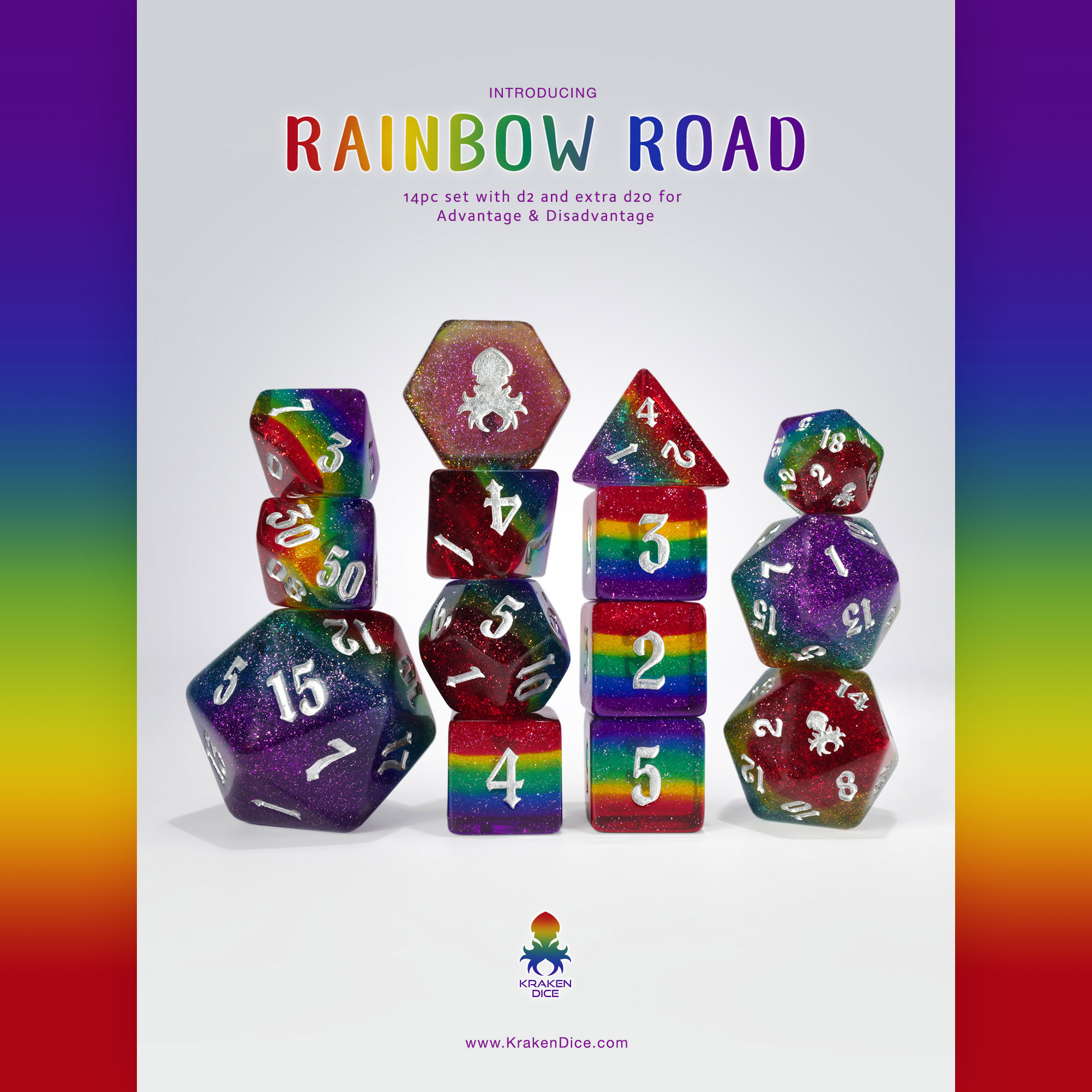 Rainbow Road 14pc Dice Set Inked In Silver
