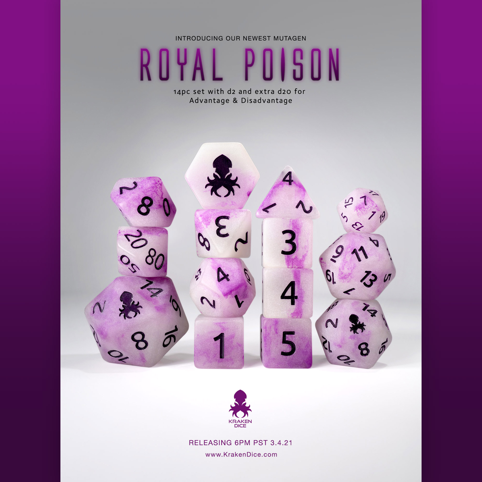 Mutagen: Royal Poison 14pc Glow In The Dark Purple Ink Dice Set