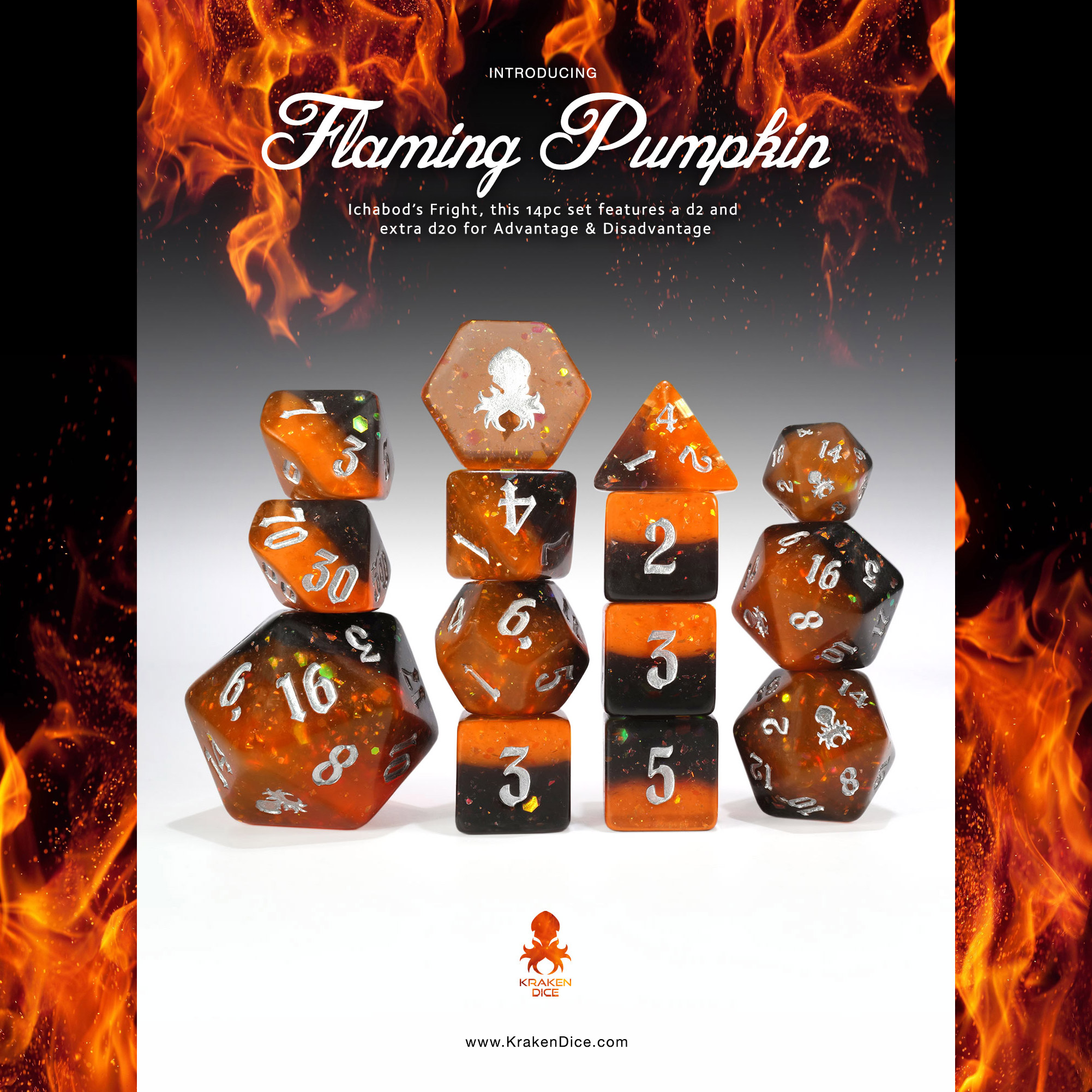 Flaming Pumpkin: Ichabod’s Fright 14pc Dice Set