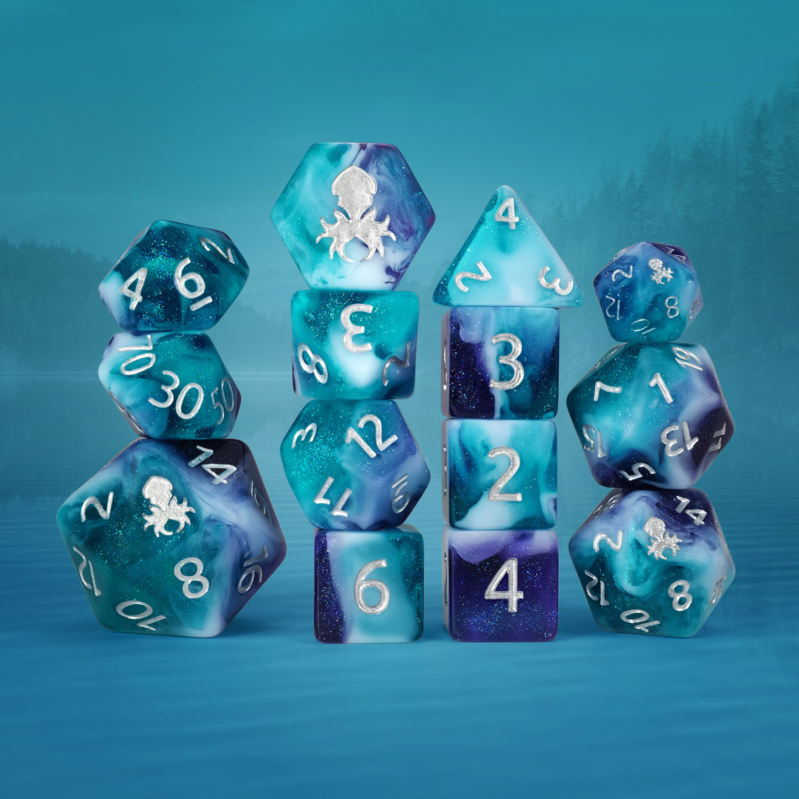 Lady Of The Lake 14pc Dice Set Inked In Silver