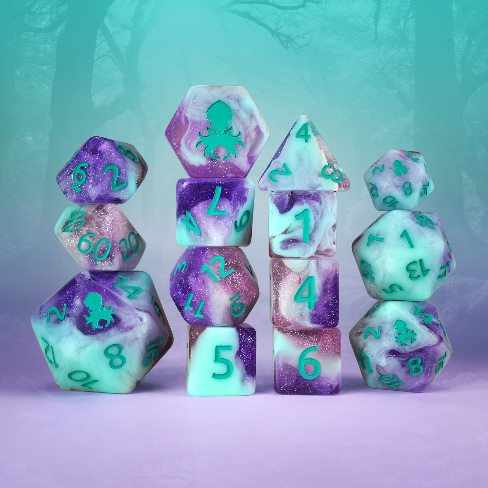 Morgan La Fay 14pc Dice Set Inked In Teal