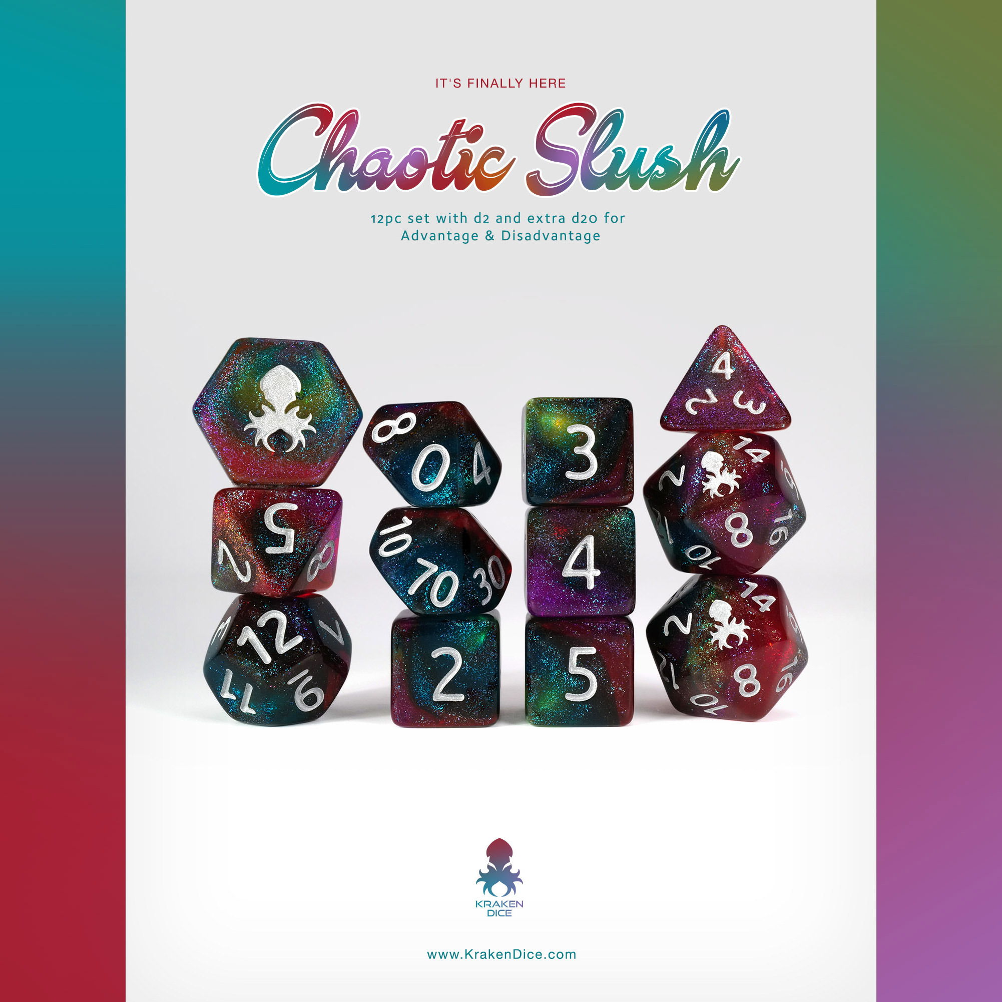 Kraken's Chaotic Slush Rock Candy 12pc Dice Set with Silver Ink