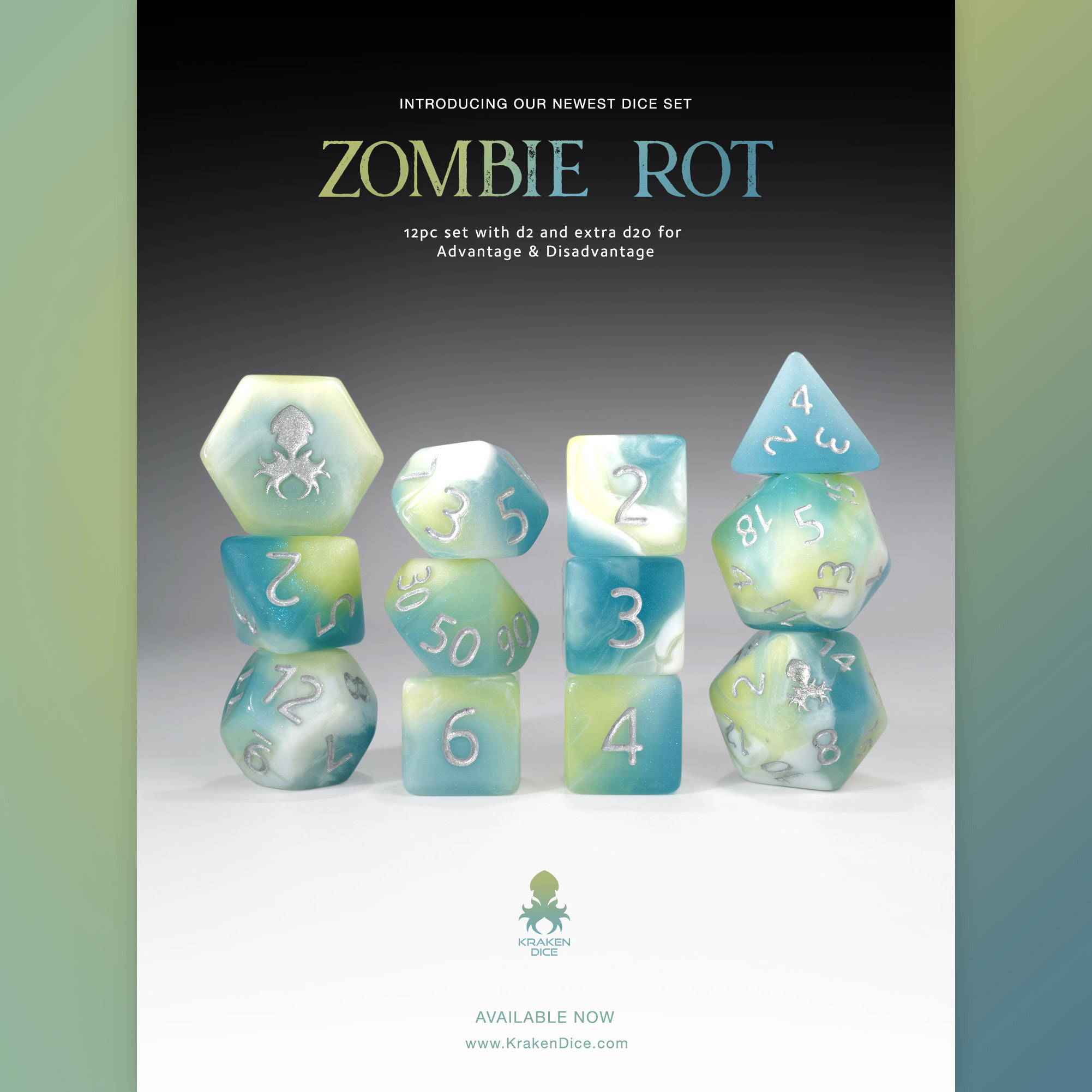 Zombie Rot 12pc Glow in the Dark RPG Dice Set